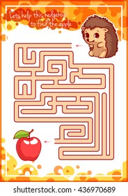 Maze game for kids with hedgehog and apple. Let's help this hedgehog to find the apple. Vector template page with game.
