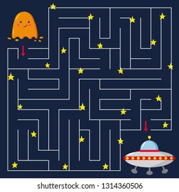 Maze game for kids. Help the alien find the right way to the UFO. Space theme. Kawaii cartoon style. Vector illustration.