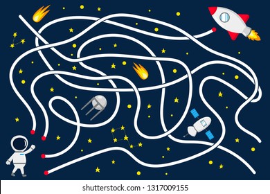 Maze game for kids. Help the astronaut find the right way to the rocket. Open space with stars, satellite. Vector illustration.