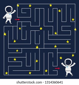 Maze game for kids. Help the astronauts find right way. Space day. Cartoon style. Vector illustration.