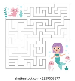 Maze game for kids. Help the axolotl find right way to mermaid. Cute cartoon fairy tale characters. Educational puzzle. Printable activity page for children workbook. Vector illustration.