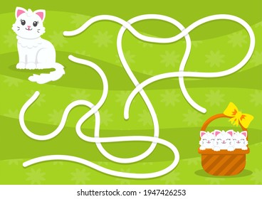 Maze game for kids. Help the cat find kittens. Labyrinth for children. Flat vector illustration isolated on color background. Cartoon character.