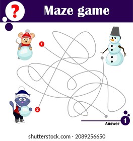 Maze game for kids: help cat and mouse to find snowman