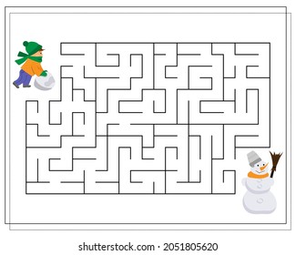 A maze game for kids, help the child to go through the maze and make a snowman. vector isolated on a white background.