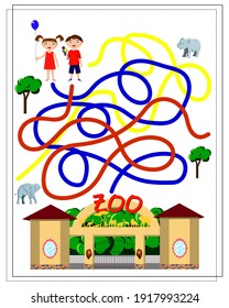 a maze game for kids. Help the children to pass through the maze to the zoo. A girl in a dress with a balloon, a boy in shorts holding an ice cream in his hands. Vector illustration isolated on white 