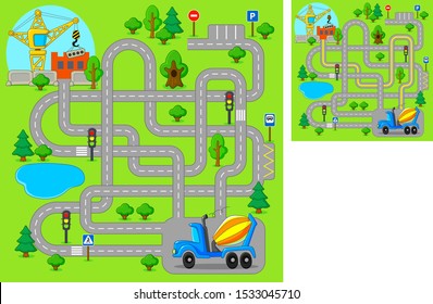 Maze game for kids. Help concrete mixer truck find the way construction site. Vector cartoon illustration. 