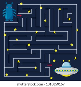 Maze game for kids. Help the cute alien find the right way to the UFO. Open space with stars. Cartoon style. Vector illustration.