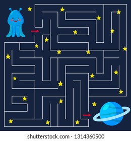 Maze game for kids. Help the cute alien find the right way to the planet. Open space with stars. Cartoon style. Vector illustration.