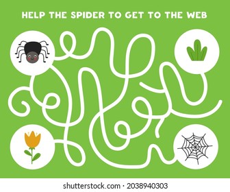 Maze game for kids. Help cute black spider to get to the web. Worksheet for children.