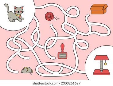 Maze game for kids. Help cute cat to get to the scratching post. Worksheet for children.