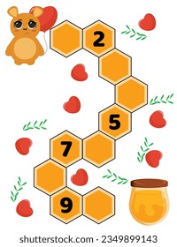 Maze game for kids. Help the cute bear get to the honey. Worksheet for children.