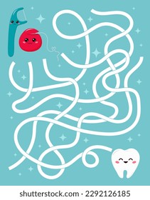 Maze game for kids. Help the Dental floss find right way to tooth. Cute kawaii characters. Learn about dental health. Printable educational labyrinth. Vector illustration.