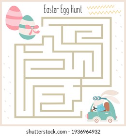 Maze-Spiel für Kinder. Hilf dem Osterhasen, Ostereier zu bekommen. Vektorgrafik. Arbeitsblatt für Bildung.