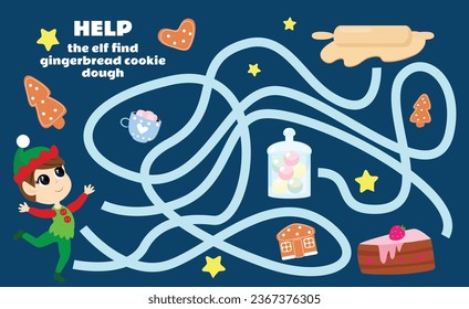 Maze game for kids Help the elf find the gingerbread cookie dough. A Christmas game with a cute character. Worksheet for kindergartens and schools.