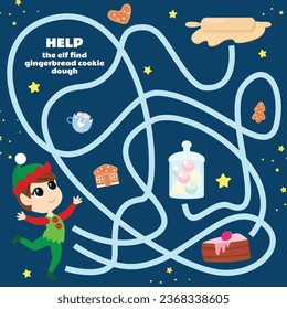 Maze game for kids Help the elf find the gingerbread cookie dough. Worksheet for kindergartens and schools. A Christmas game with a cute character. 