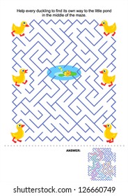 Maze game for kids: Help every duckling to find its own way to the little pond in the middle of the maze. Answer included. For high res JPEG or TIFF see image 126660752