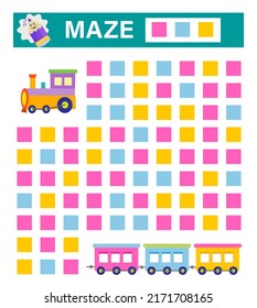 Maze game for kids. Help to find the cars of the train. Vector illustration. 