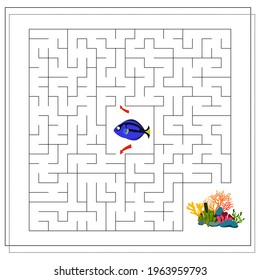 a maze game for kids. help the fish swim to the coral. cartoon fish angler. vector isolated on a white background