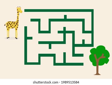 Maze Game For Kids. Help Giraffe Find Road to The Tree.