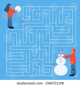 Maze game for kids. Help the girl find right way to his friend. Children make snowman. Winter activity. Christmas and New Year holidays.