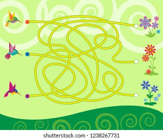 Maze game for kids. Help hummingbirds to get to the flowers.