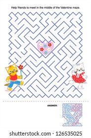 Maze game for kids: Help kittens to meet in the middle of the Valentine maze. Answer included. For high res JPEG or TIFF see image 126535019