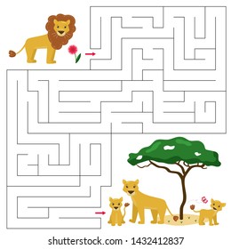 Maze game for kids. Help the lion find right way to his family. Lion pride. Cute cartoon characters. African animals labyrinth.