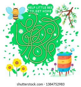 Maze game for kids. Help the little bee to get home. Cartoon vector cute puzzle illustration. 