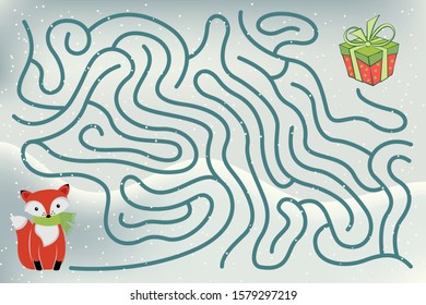 Maze game for kids. Help little cute fox to get to the present box. 