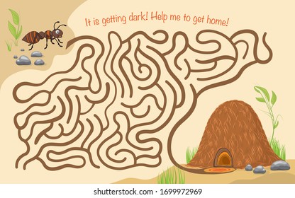 Maze game for kids. Help the little ant to get to his anthill. It is getting dark! Help me to get home!