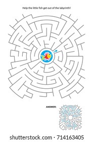 Maze game for kids: Help the little fish get out of the labyrinth. Answer included.