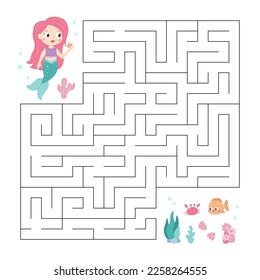 Maze game for kids. Help the mermaid find right way to her friends. Cute cartoon fish, crab and starfish. Educational puzzle. Activity page for workbook. Vector illustration.