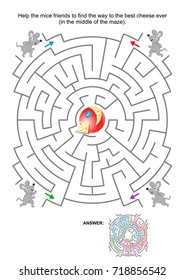 Maze game for kids: Help the mice friends find the way to the best cheese ever. Answer included.