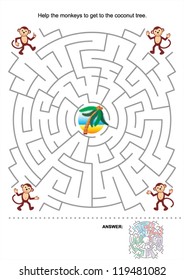 Maze game for kids: Help the monkeys to get to the coconut tree. Answer included. For high res JPEG or TIFF see image 119481070
