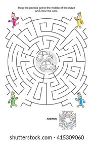 Maze game for kids: Help the pencils get to the middle of the maze and color the cars. Answer included.
