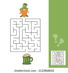 Maze game for kids. Help red Leprechaun to find his way to the green beer. Simple game for children with answer