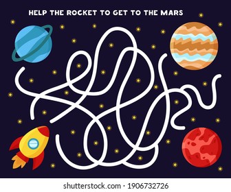 Maze game for kids. Help the rocket to get to the Mars planet. Space themed worksheet.