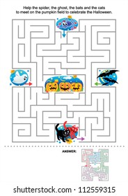 Maze game for kids: Help the spider, the ghost, the bats and the cats to meet on the pumpkin field to celebrate the Halloween. Answer included. For high res JPEG or TIFF see image 112559306
