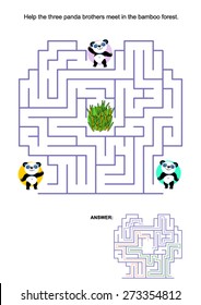 Maze game for kids: Help the three panda bear brothers to meet in the bamboo forest in the middle of the maze. Answer included.
