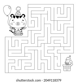 Maze game for kids. Help the tiger find right way to parrot and gift. Birthday party educational worksheet with labyrinth. Coloring page.  Kawaii cartoon character. Vector outline illustration.