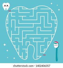 Maze game for kids. Help the tooth find right path to the toothbrush. Vector kawaii characters.