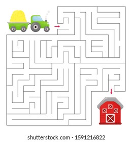 Maze game for kids. Help the tractor find right way to the barn. Educational worksheet. Vector illustration.