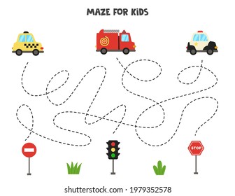 Maze game for kids. Help transportation means get to the traffic signs. Worksheet for children.