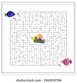 a maze game for kids. help two fish swim to the coral. cartoon fish of lilac color with yellow stripes. vector isolated on a white backgroun