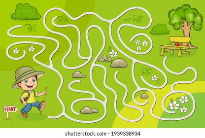 Maze game for kids. Help to the young tourist to get to the apples under the tree.