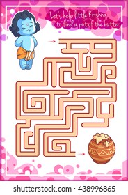 Maze game for kids with Krishna and butter. Let's help little Krishna to find a pot of the butter. Vector template activity page.