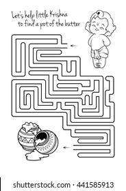 Maze game for kids with Krishna and butter. Let's help little Krishna to find a pot of the butter. Vector template page with game in black and white style.