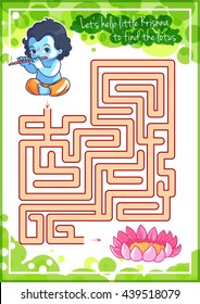 Maze game for kids with Krishna and lotus. Let's help little Krishna to find his way to the lotus. Vector template activity page.