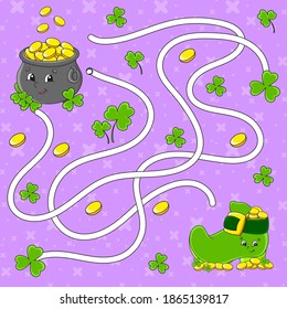 Maze. Game for kids. Labyrinth conundrum. Education developing worksheet. Puzzle for children. Activity page. Cartoon character. Color vector illustration. St. Patrick's day.