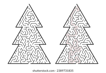 Maze game for kids. Labyrinth in the shape of a Christmas tree. Maze with a solution